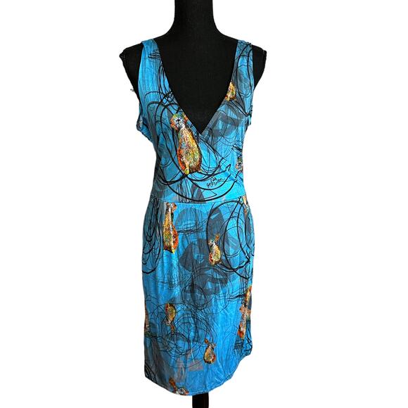 Pam & Arch London Blue Rabbit Blouson Jersey Dress LARGE Deep V Whimsical NEW - Picture 1 of 8